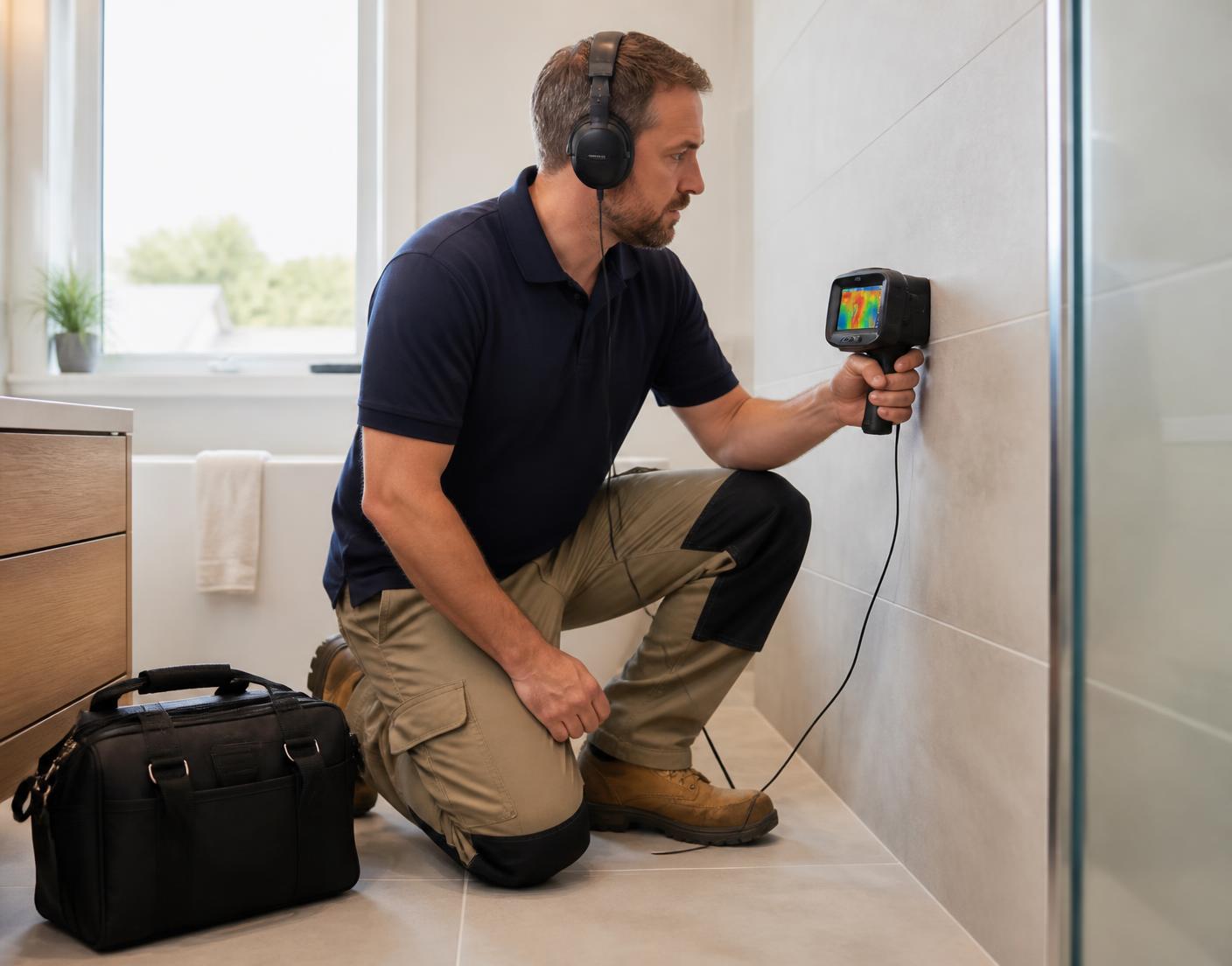 Master Maintenance technician using thermal imaging and acoustic equipment to detect a hidden water leak in a Melbourne bathroom wall